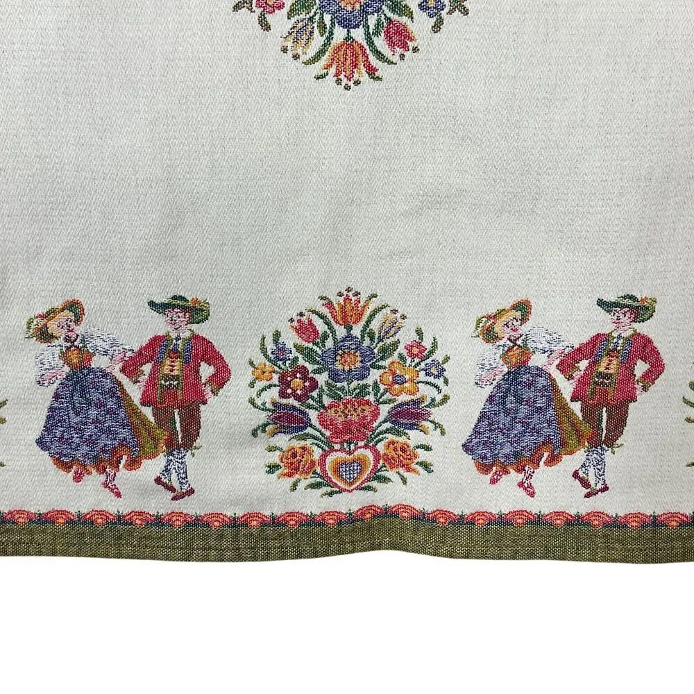 Vintage Jacquard Austrian Folk Art Square Tablecloth Bavarian Dancers Florals